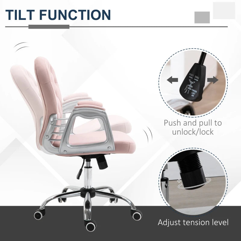 Vinsetto Pink Velvet Office Chair - Swivel Desk Chair with Adjustable Height & Rolling Wheels for Home & Study