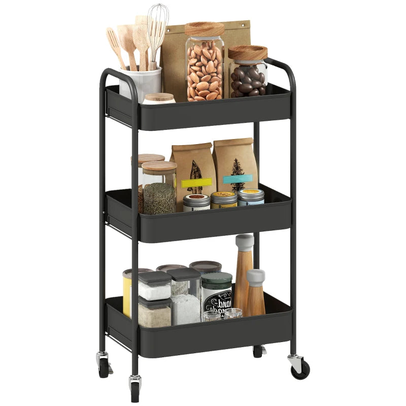 Three-Tier Black Steel Storage Trolley - Versatile Rolling Cart for Kitchen, Office, or Home Organization