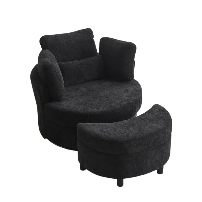 360° Swivel Bedroom Chair with Cushions and Ottoman Stool, Stylish Armchair for Living Room, Black, 107L x 105W x 82H cm