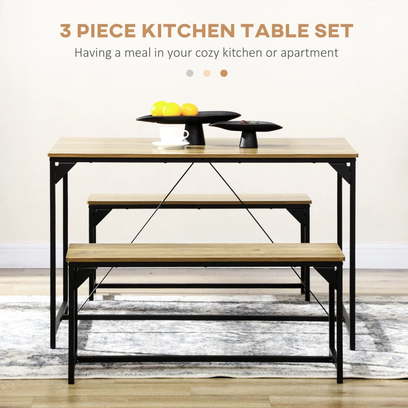 Natural Dining Table and Bench Set for 4 - Space Saving Kitchen Furniture with 2 Benches - Perfect for Dining Rooms