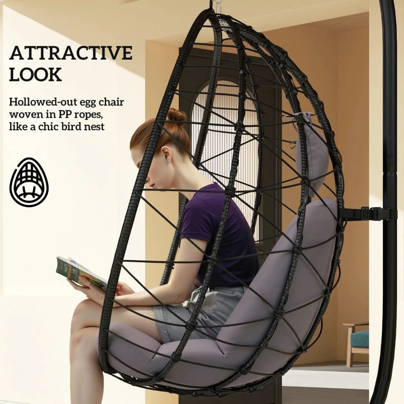 Hanging Egg Chair - Grey Outdoor Indoor Garden Swing Chair with Stand, Thickened Cushion & Headrest - Folding Basket for Patio & Balcony