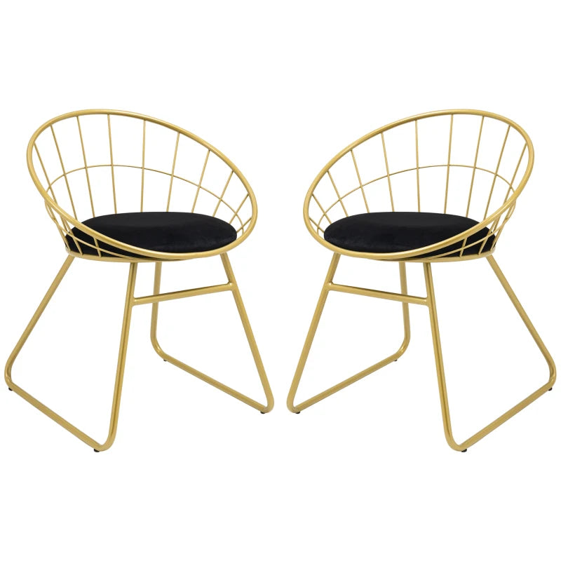 Modern Dining Chairs Set of 2 - Velvet Cushion, Round Back, Metal Wire Frame, Stylish Gold Accent for Kitchen & Living Room
