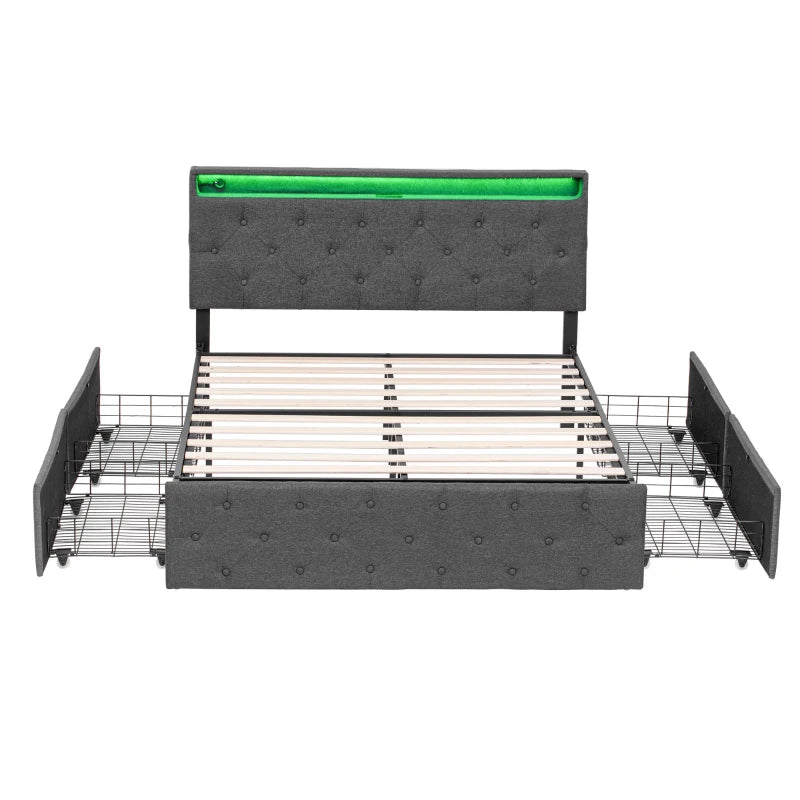 Modern Grey Double Upholstered Bed with Storage Drawers & Adjustable Button Tufted Headboard - 200L x 142W x 109H cm