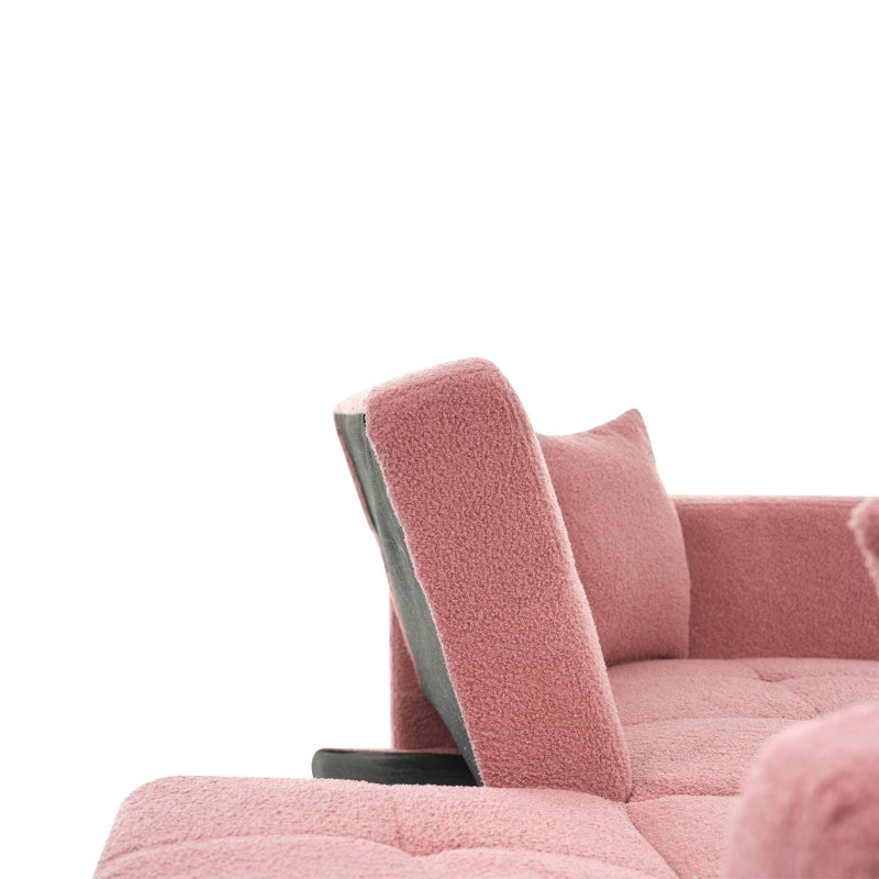 Adjustable Backrest Sofa Bed with Gold Legs and Side Pockets, Sherpa Fabric, Pink, 176L x 64W x 75H cm