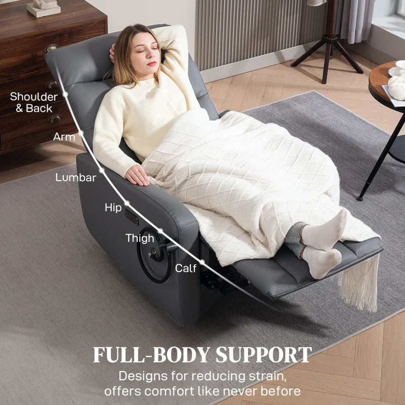 Electric Recliner Armchair with USB and Type C Charging, Phone Holder, Adjustable Leg Rest, Grey PU Leather for Living Room