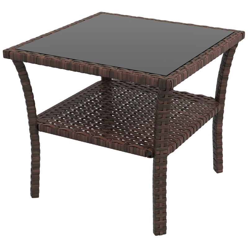 Brown Rattan Glass Top Patio Side Table - 50cm