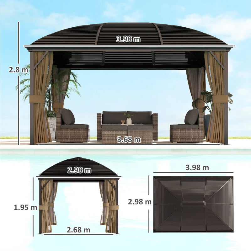 3 x 4m Hardtop Gazebo Canopy - Brown Aluminium Pavilion with Metal Roof, Netting & Curtains