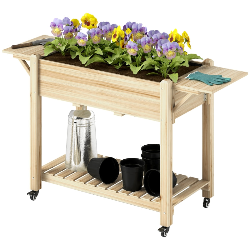Wooden Elevated Planter Box with Lockable Wheels, Side Tables, and Bottom Shelf - 48" Natural Outdoor Garden Bed for Vegetables, Flowers, and Fruits