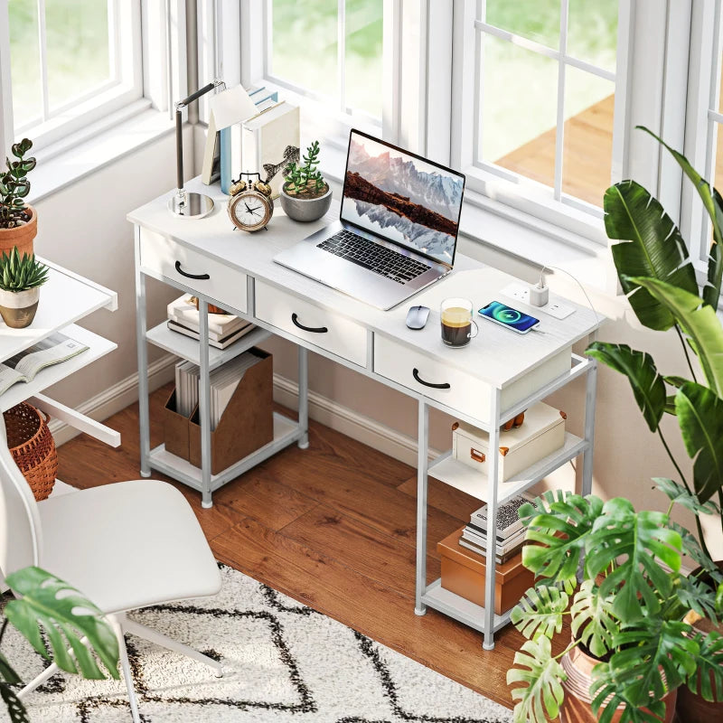 120cm White Computer Desk with Power Outlets, 3 Fabric Drawers & 4 Storage Shelves - Ideal Office Study Table