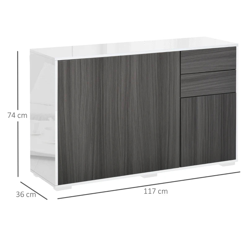 High Gloss Sideboard with 2 Drawers - Modern Push-Open Design Side Cabinet for Living Room & Bedroom in Light Grey & White
