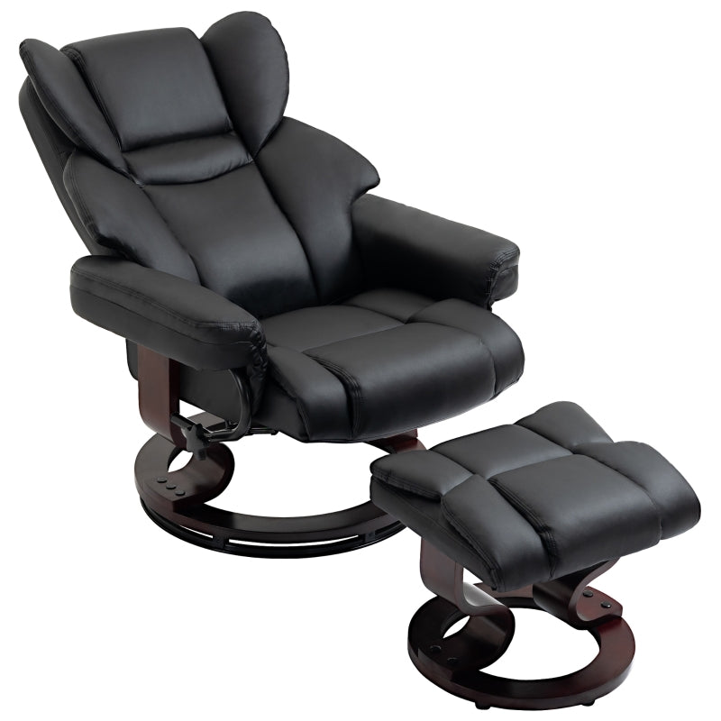Faux Leather Recliner Chair with Footstool - Swivel Armchair with Adjustable Backrest and Solid Wood Base in Black