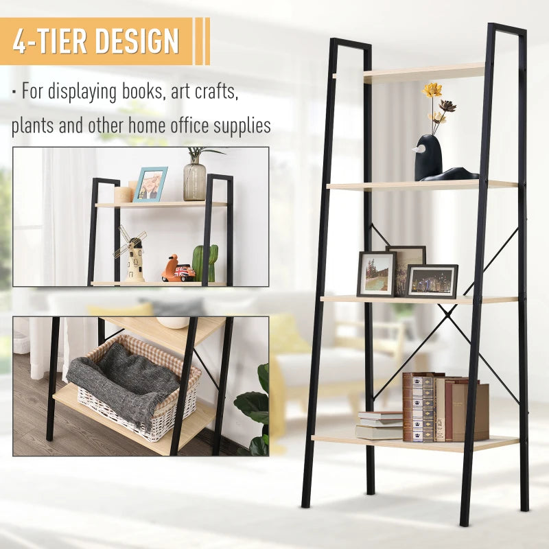 4-Tier Industrial Ladder Shelf - Stylish Oak & Black Bookshelf for Living Room, Bedroom, Kitchen Storage