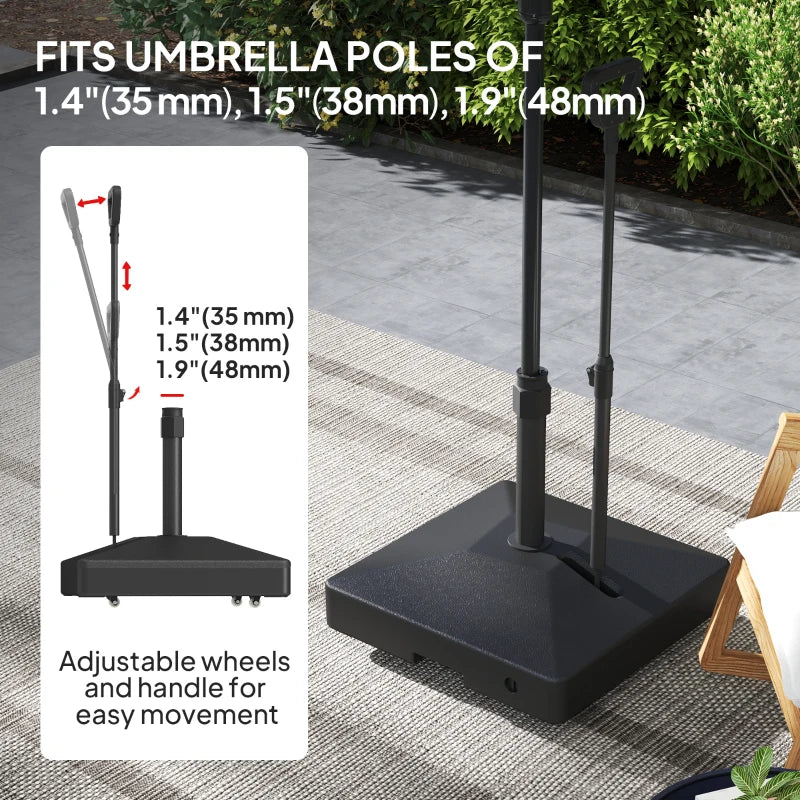 Adjustable Garden Parasol Base with Wheels and Handle - Black, 55kg Capacity for Sun Umbrella Stand, 45kg with Water, Ideal for Garden and Poolside