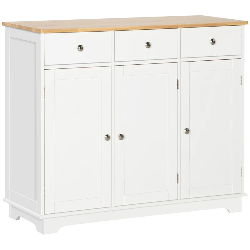 Modern White Sideboard with Rubber Wood Top Storage Cabinet for Dining Room and Living Room 3 Doors 3 Drawers and Adjustable Shelves