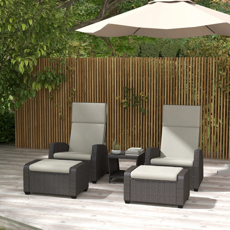 5-Piece Rattan Patio Reclining Chair Set with Footstools, Coffee Table & Cushions - Outdoor Garden Furniture in Brown