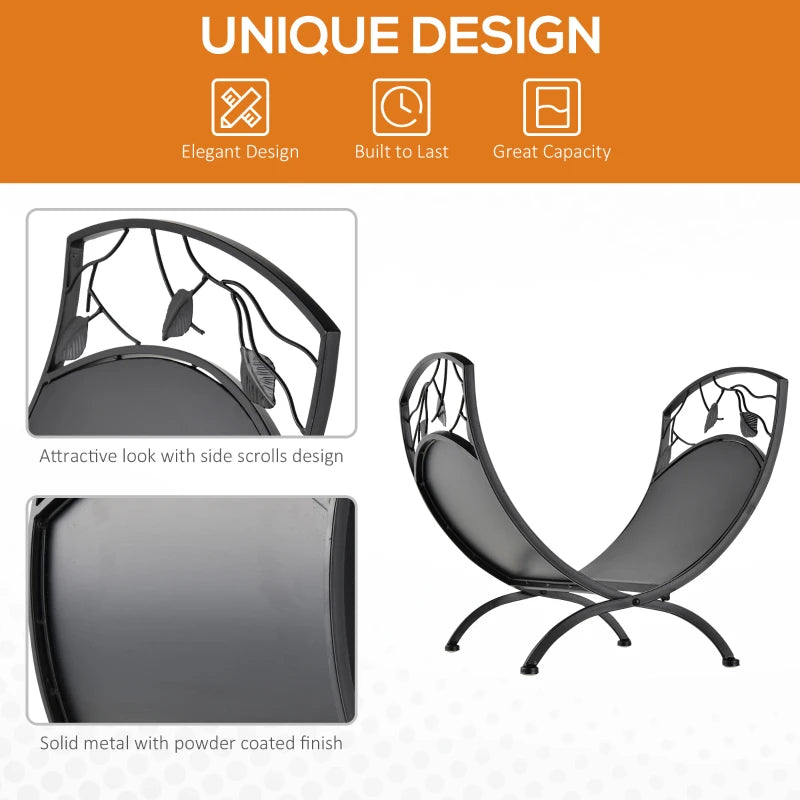 Metal Arced Firewood Log Holder Rack - Indoor Outdoor Folding Wood Storage Shelf with Leaf Pattern, Black, 43.5W x 36.5D x 41H cm