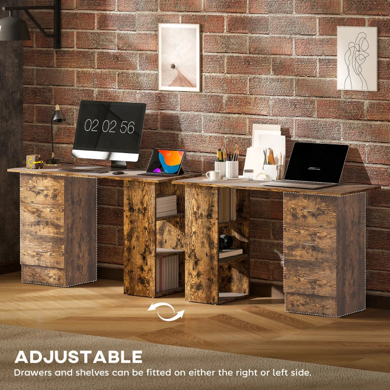 Rustic Brown Computer Desk with 3 Storage Shelves & Drawers, Stylish Writing Table for Home Office, Silver Handle PC Workstation