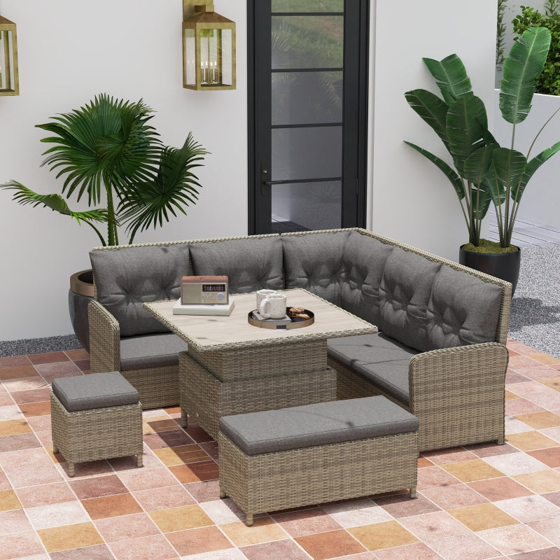 6 Pieces Light Grey Outdoor PE Rattan Garden Furniture Set - Patio Wicker Sectional Sofa with Soft Padded Cushions & Liftable Coffee Table
