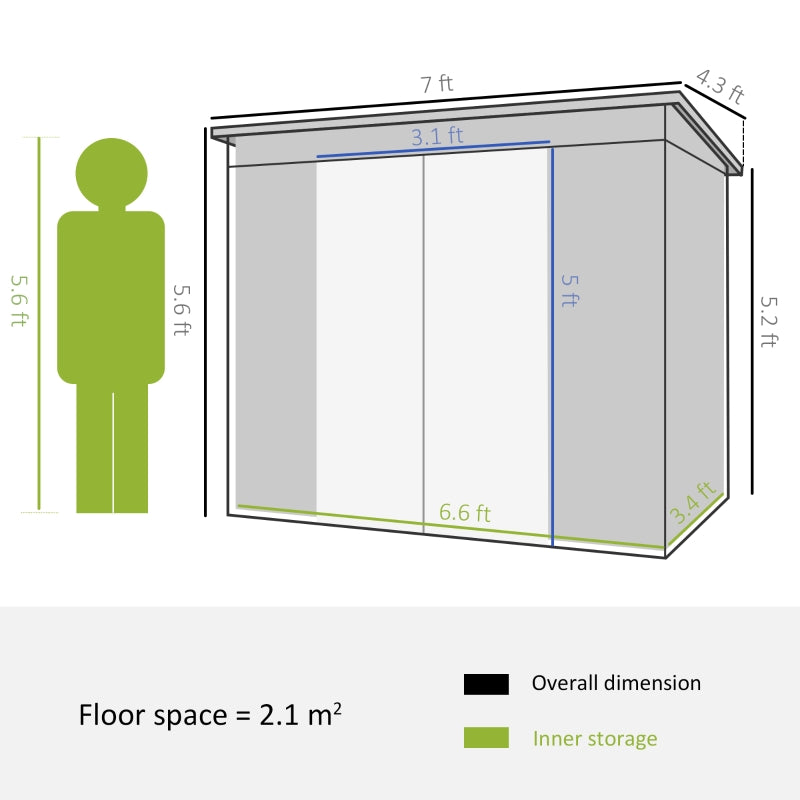 7ft x 4ft Grey Lean to Metal Garden Shed With Foundation Kit, Double Doors & Air Vents