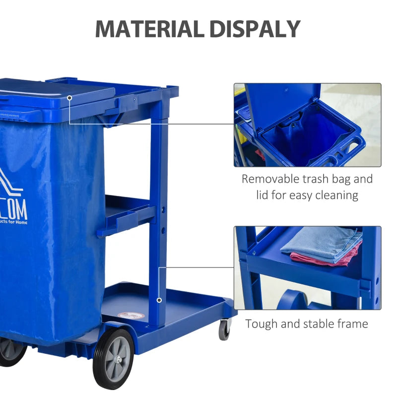 Blue Janitor Cleaning Trolley with Bin, Shelves & Hooks - Heavy-Duty Utility Cart for Efficient Cleaning Solutions