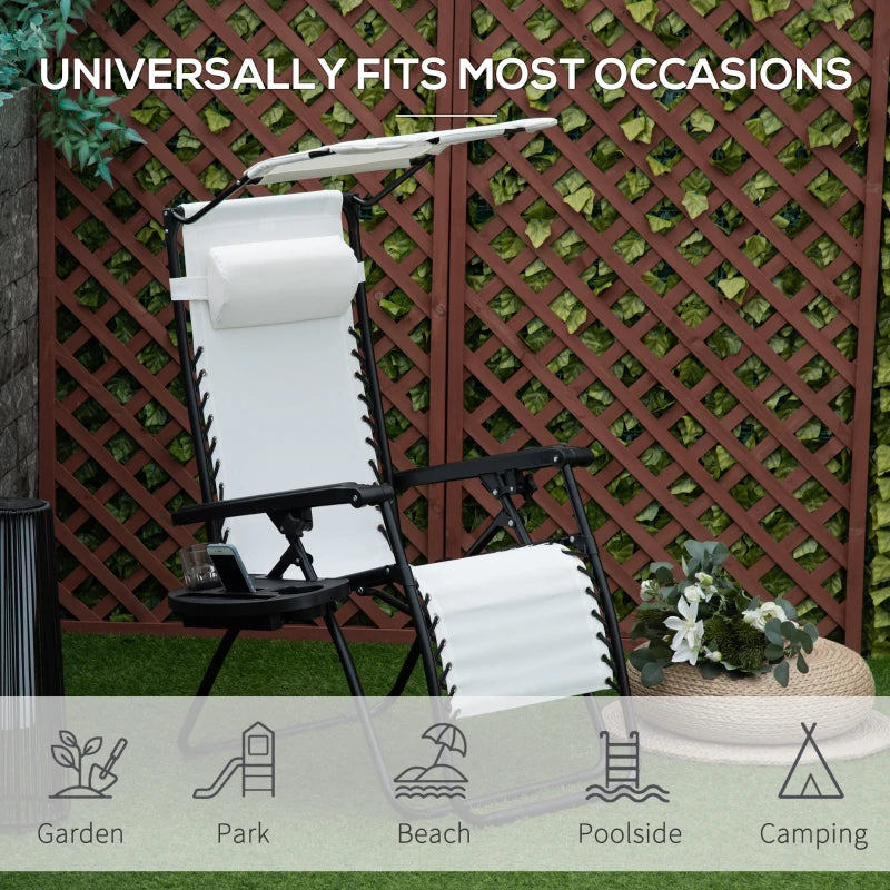 2 Piece Foldable Reclining Garden Chair Set - White Zero Gravity Deck Sun Lounger with Headrest, Footrest, Armrest, Cup Holder & Canopy Shade