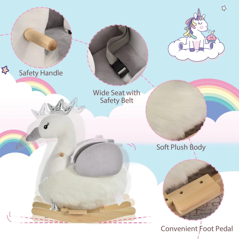 Kids Plush Rocking Horse & Swan Ride-On Toy with Sound, Wooden Base, Safety Belt for Toddlers 18-36 Months - White & Grey