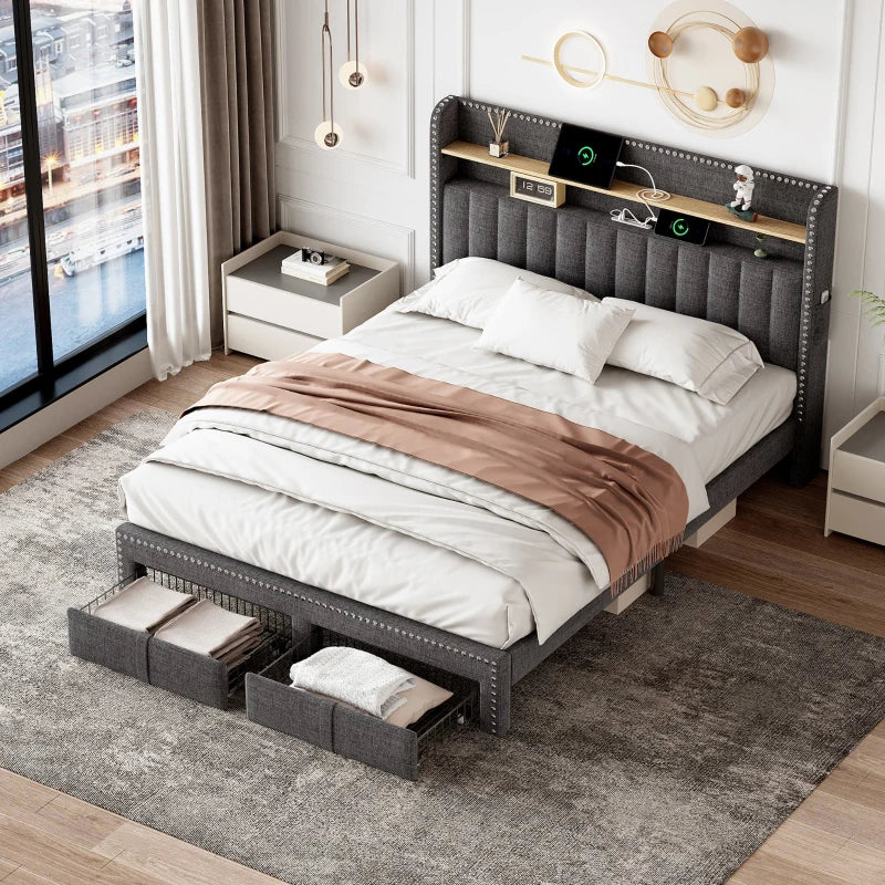 Double Upholstered Bed with Storage Drawers and Charging Ports in Grey Linen Frame
