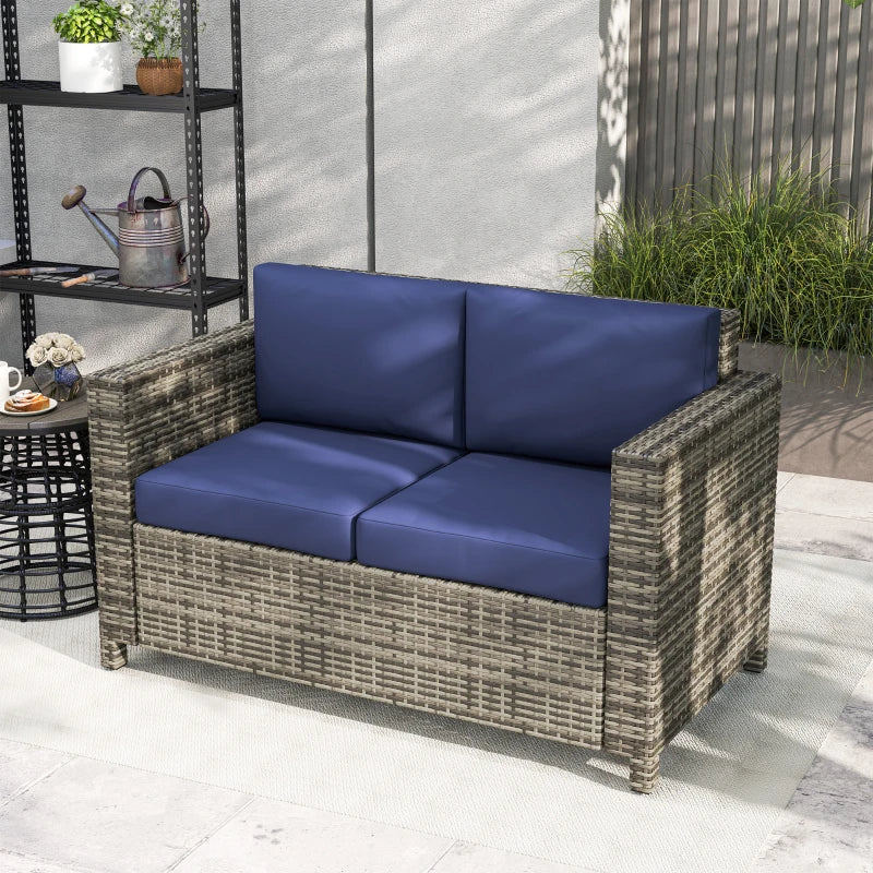 Navy Blue Rattan 2 Seater Garden Sofa with Soft Padded Cushions and Armrests - Wicker Loveseat for Patio