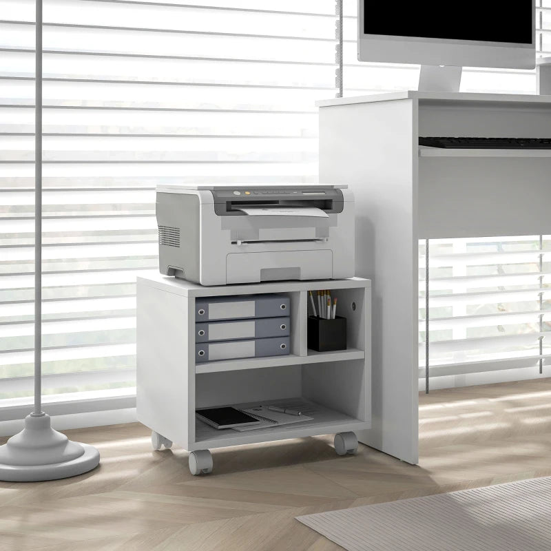 Versatile Three-Compartment Printer Cabinet on Wheels - Stylish White Storage Solution for Home Office and Workspace