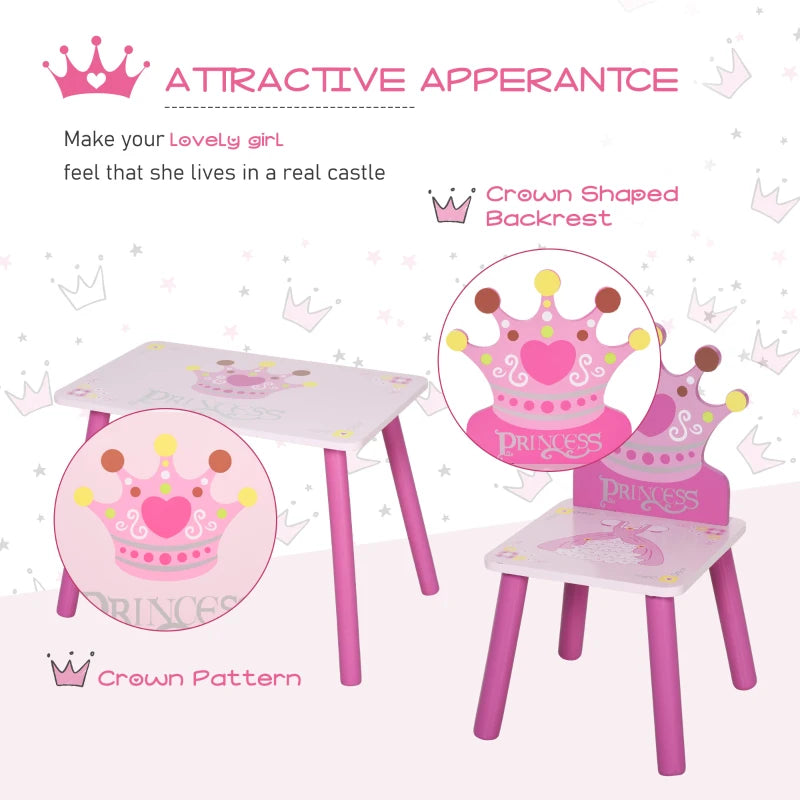 3-Piece Kids Table and Chair Set - Princess & Crown Theme - Pink Home Furniture Gift for Ages 2-4