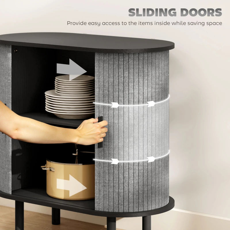 Modern Grey Tambour Sideboard with Fluted Sliding Doors, Stylish Kitchen Cupboard with Storage Shelves and Wooden Legs