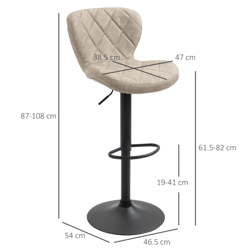 Set of 2 Swivel Bar Stools with Backrest & Footrest - Light Khaki PU, Steel Frame, Diamond Pattern for Kitchen & Dining