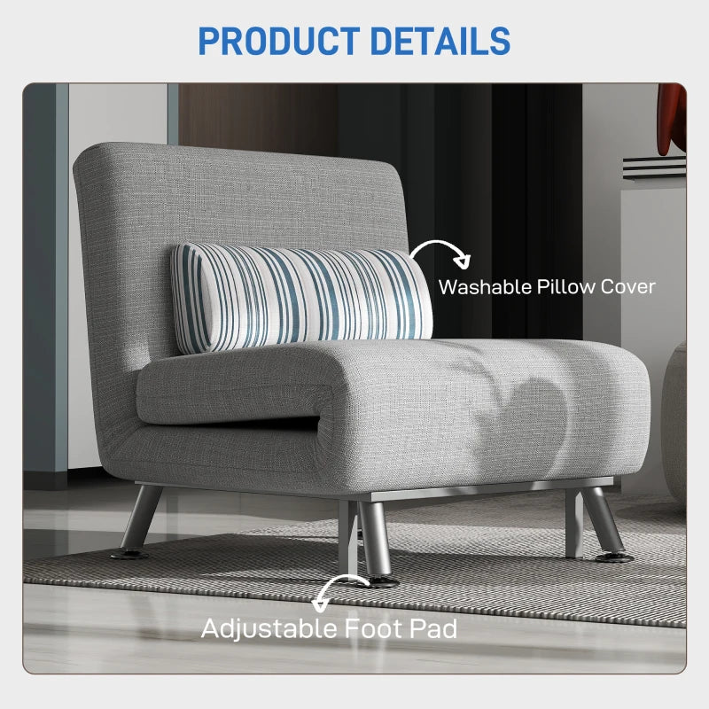 Single Sofa Bed for One Person - Foldable Lounge Chair with Pillow in Grey