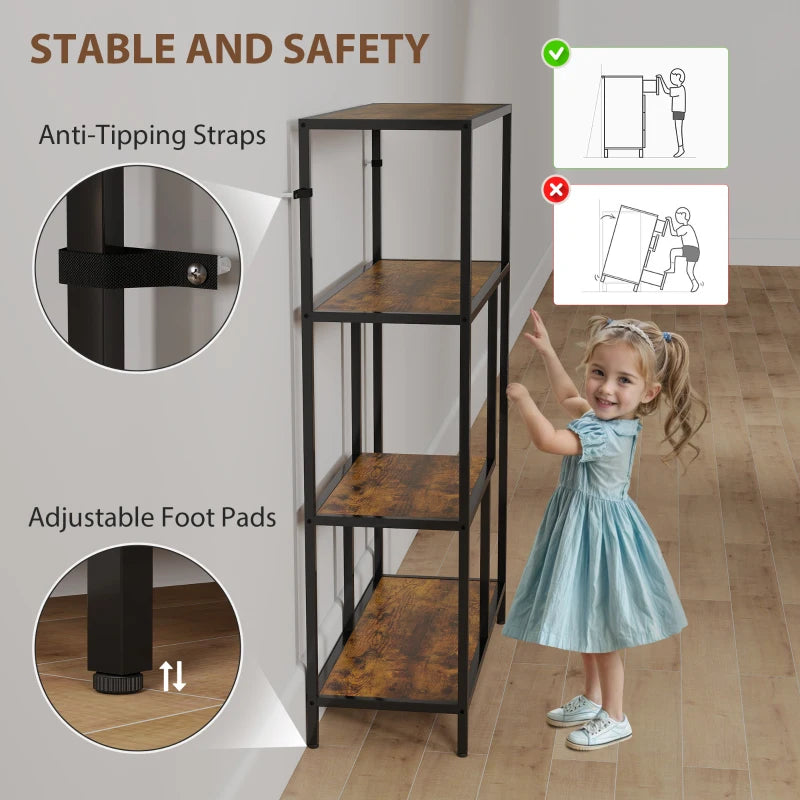 Rustic Brown 4-Tier Bookshelf with Open Shelves - Stylish Storage Solution for Home or Office