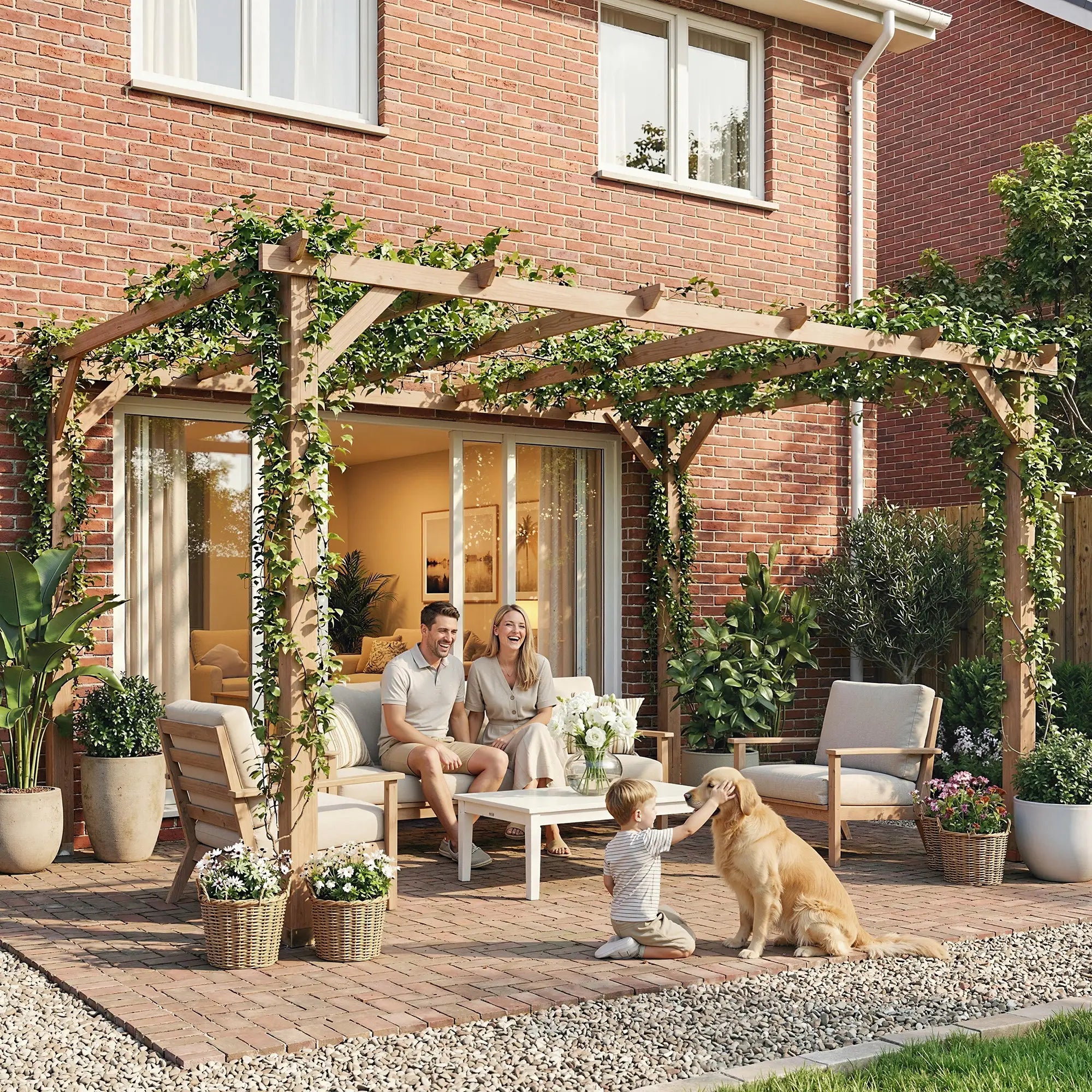 4x3m Wooden Pergola Kit with Triangle Supports – Garden Gazebo Grape Trellis Frame, 6-Beam Maple Wood-Effect Design
