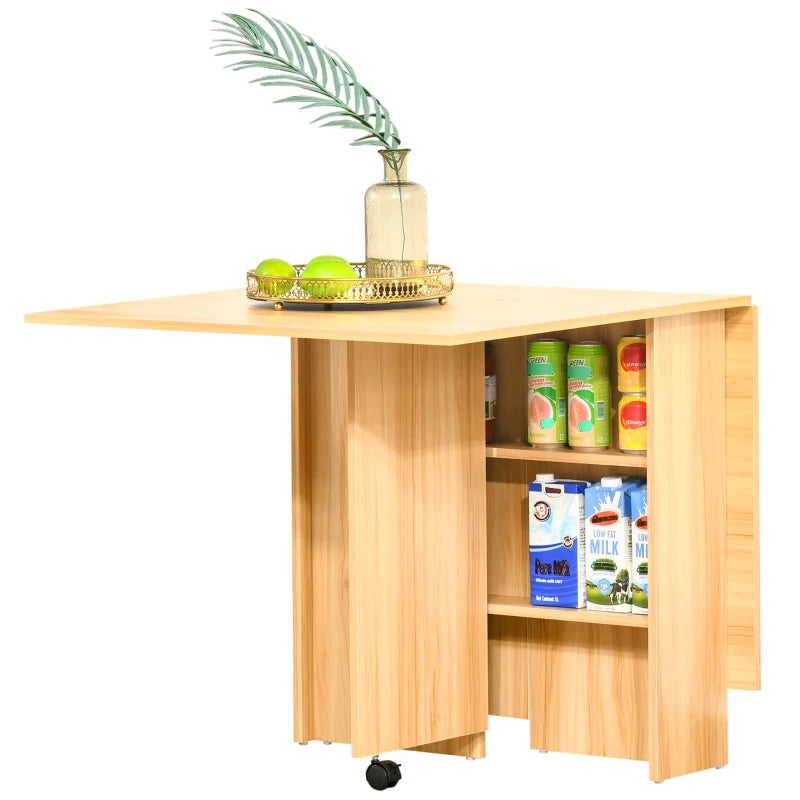 Folding Dining Table with Drop Leaf - Space-Saving Rectangular Tabletop & Storage Shelves for Kitchen & Dining Room - Teak Finish