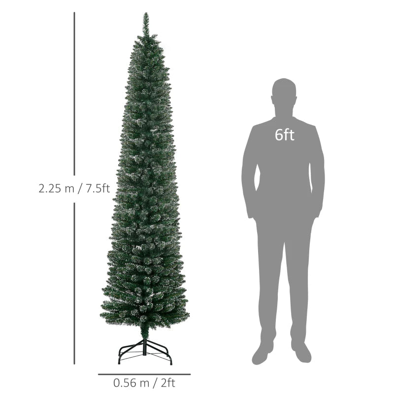 7.5FT Snow Dipped Christmas Pencil Tree - Foldable Black Stand, Green Holiday Indoor Decoration for Festive Home Decor