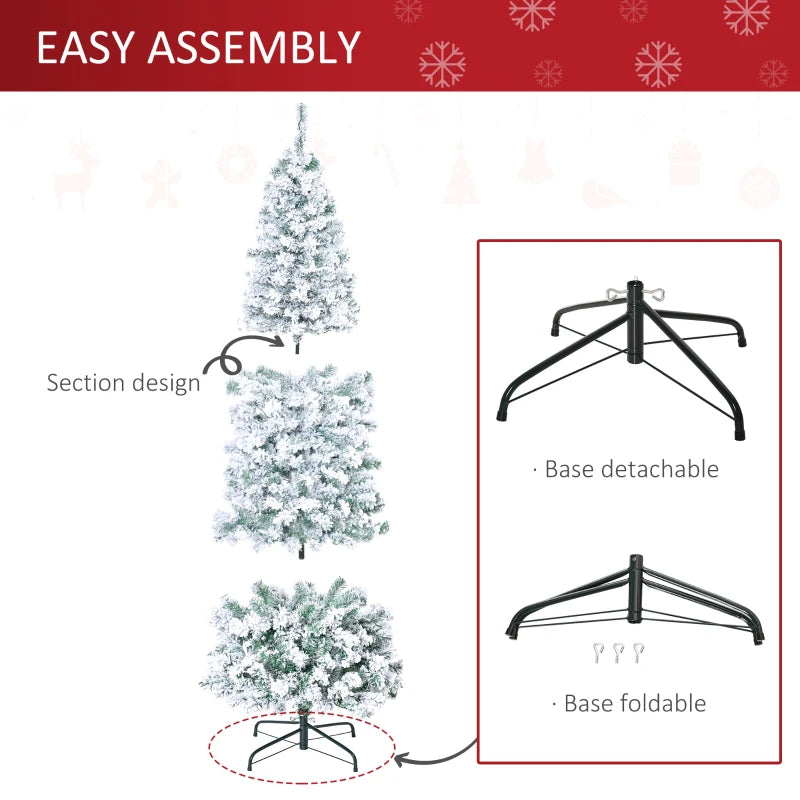 6FT Prelit Snow Flocked Christmas Tree with Warm White LED Lights - Festive Holiday Home Decoration in Green & White