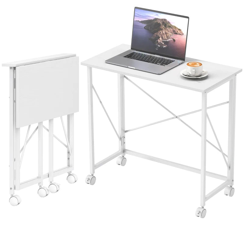 Versatile 80 cm Folding Desk on Wheels - Space-Saving White Home Office Table for Easy Mobility and Storage