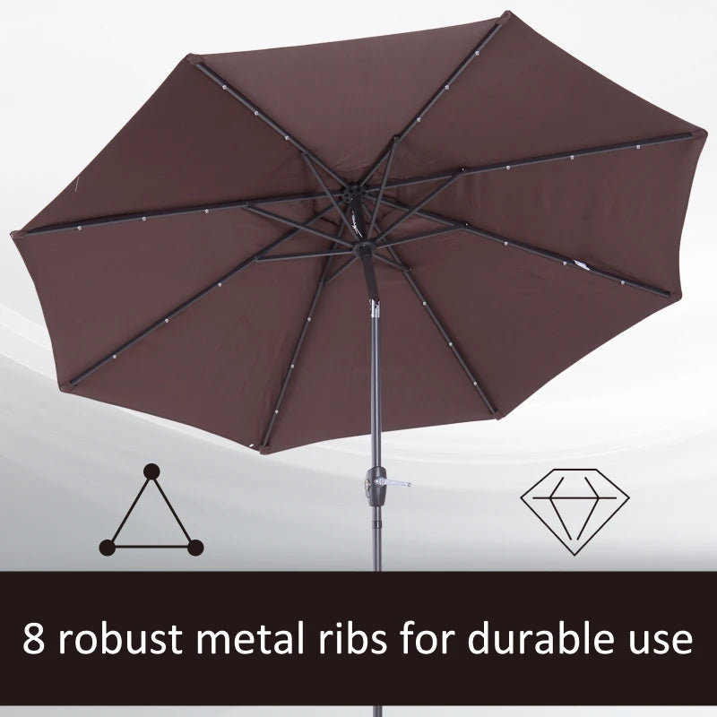 Brown Solar LED Light Tilt Patio Umbrella with Hand Crank - 2.7m