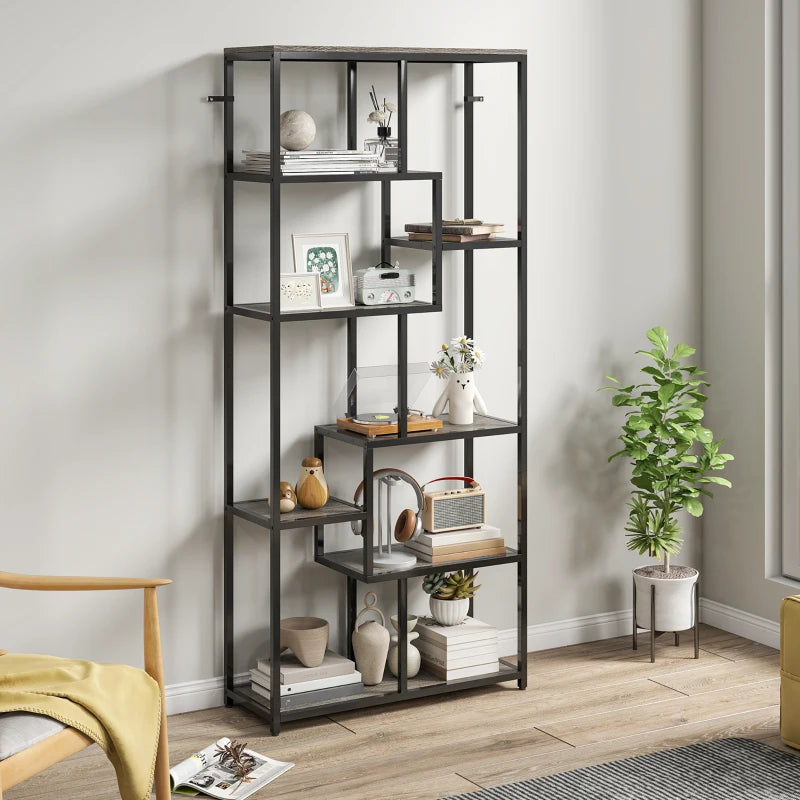 Unique Seven-Tier Geometric Bookcase in Grey and Black - Modern Storage Solution for Home or Office Decor