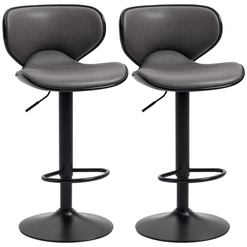 Set of 2 Adjustable Height Kitchen Stools - Leather Upholstered Dark Grey Bar Stools with Back (61-81cm)