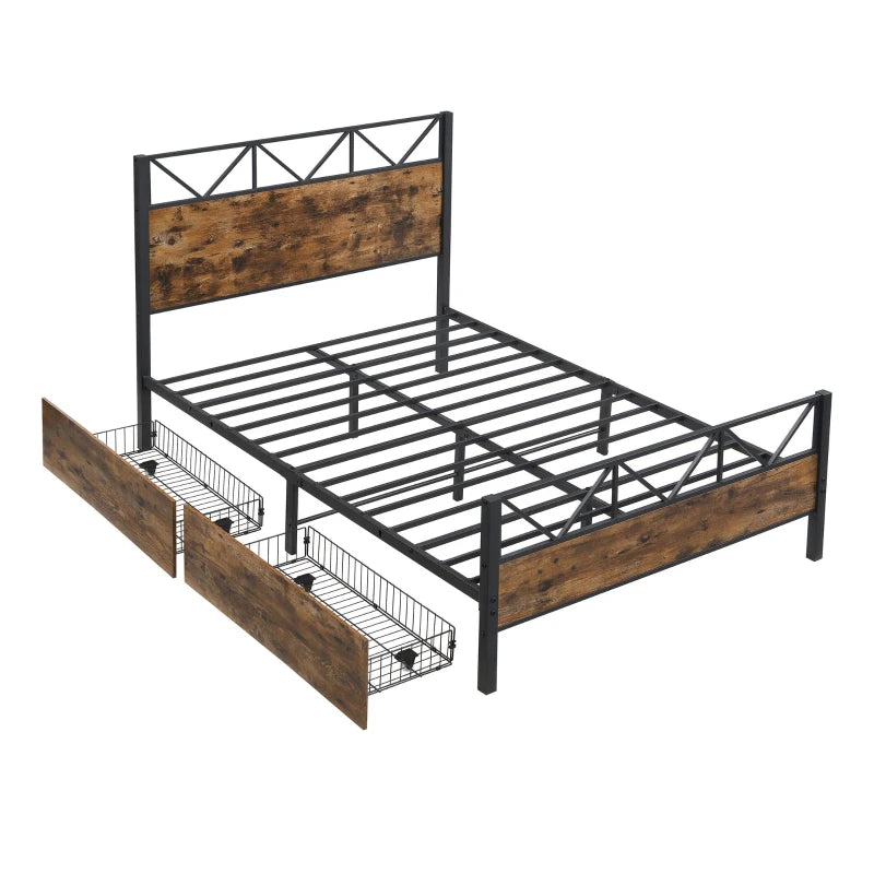 Sturdy Metal Double Bed with 2 Storage Drawers - Iron Frame & MDF, Black, 198L x 137W x 116H cm for Adults & Teens