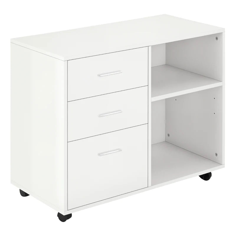 Modern Freestanding Printer Stand with Wheels - Office Desk Storage Unit, 3 Drawers & 2 Open Shelves, White, 80x40x65 cm