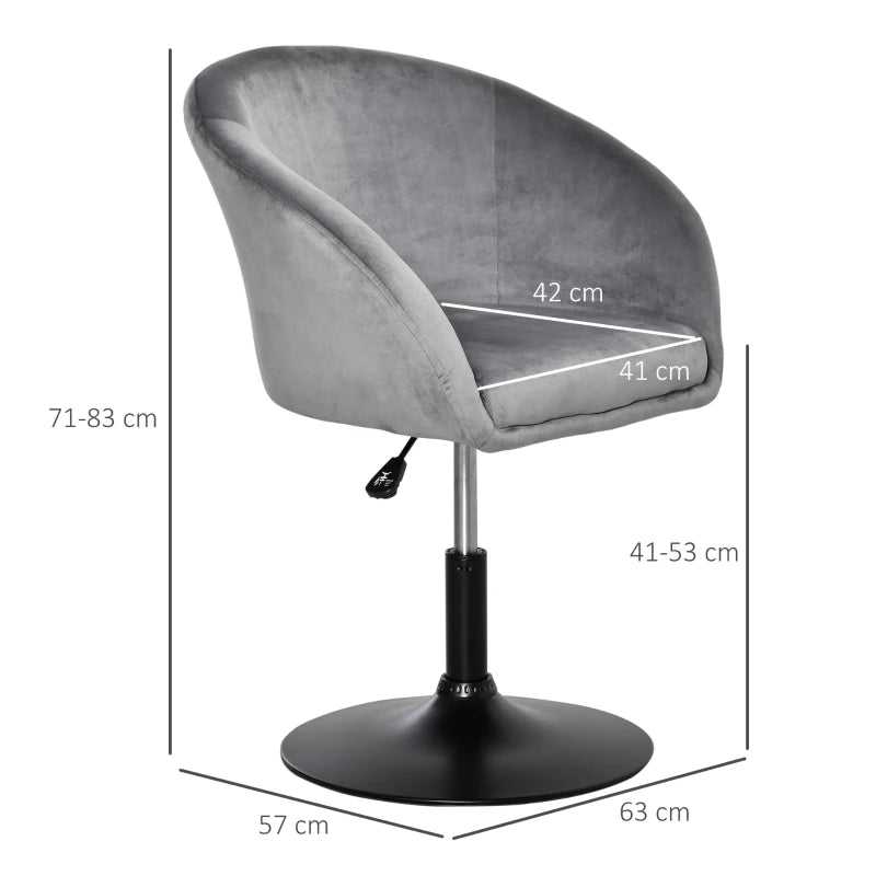 360° Swivel Velvet Upholstered Dressing Table Chair - Adjustable Height Tub Seat for Bedroom Makeup - Grey