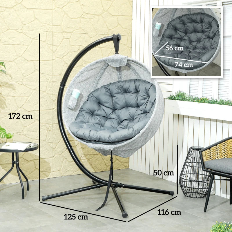 Hanging Egg Chair - Grey Outdoor Indoor Garden Swing Chair with Folding Basket, Stand, Thickened Cushion & Cup Holder - Perfect for Patio & Balcony