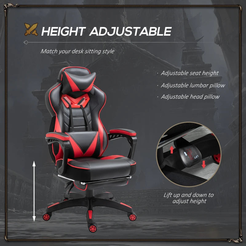 Vinsetto Racing Gaming Chair with Lumbar Support & Footrest - PU Leather Gamer Desk Chair with Headrest & Swivel Wheels, Red
