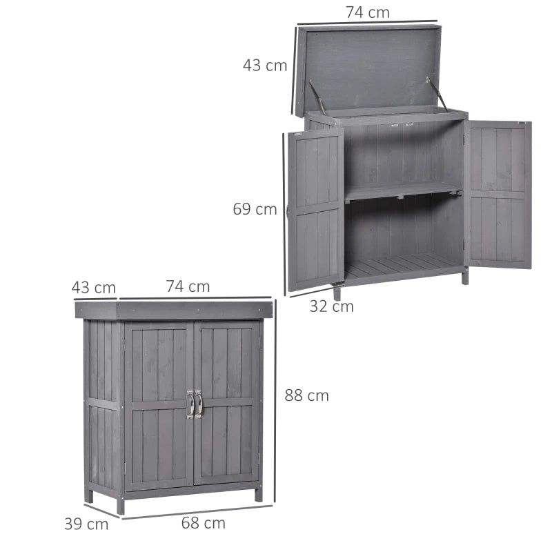 Wooden Garden Shed with Hinged Roof and Removable Shelf Outdoor Tool Storage Cabinet Double Doors 74x43x88cm Grey