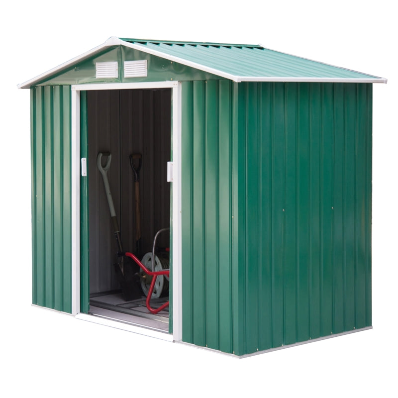 Green 7ft x 4ft Lockable Metal Shed with Ventilation Slots, Foundation Kit and Lockable Double Doors