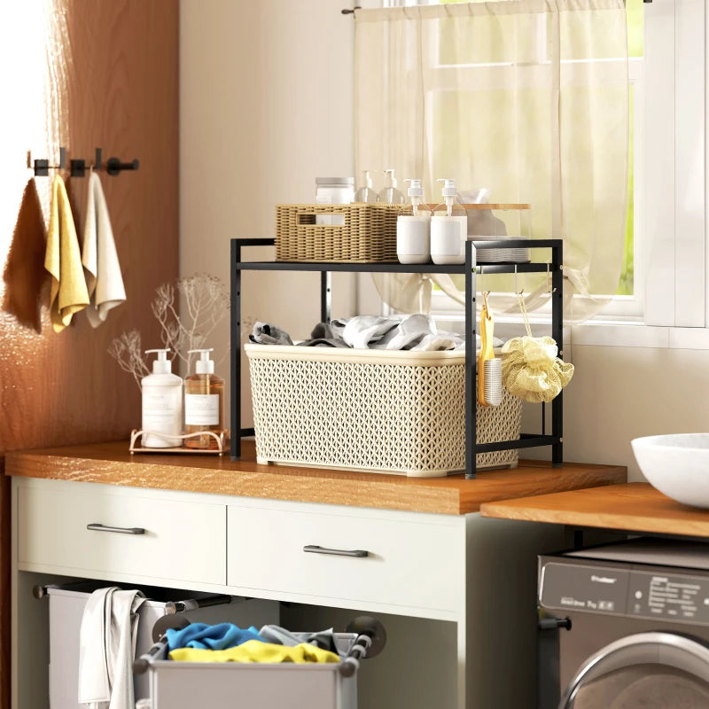 Expandable Microwave Oven Rack with 3 Hooks - Space-Saving Kitchen Organizer, Black - Perfect for Small Spaces